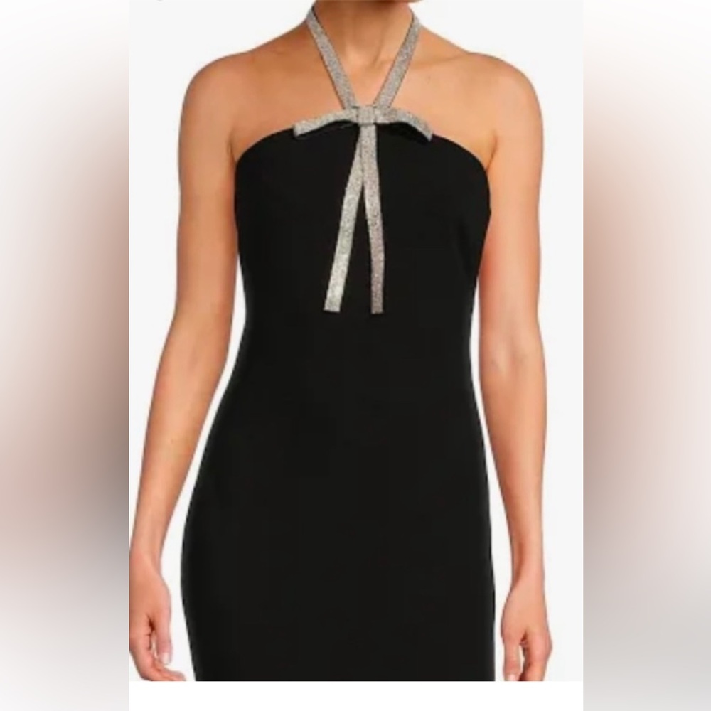 Badgley Mischka Black Strapless Midi Dress with Silver Halter Tie - Picture 2 of 11